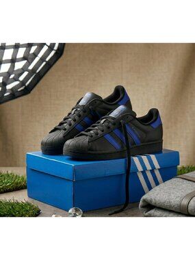 Adidas Superstar II Sneakers Black & Blue Size W9 M8 Leather Upper Classic Shell